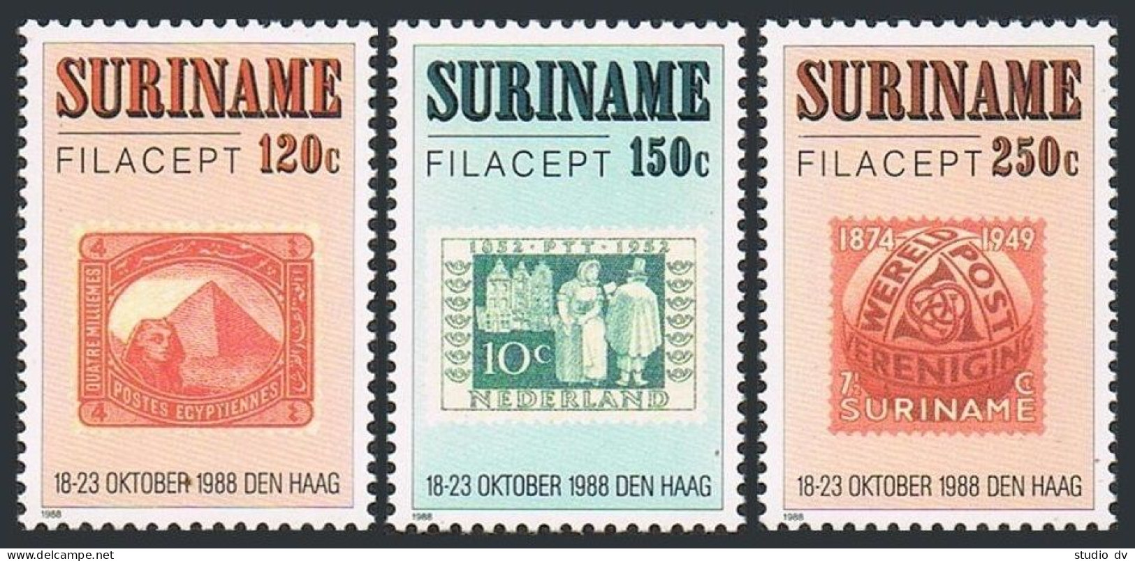 Surinam 822-824,825 Sheet, MNH. Michel 1274-1276, Bl.48. FILACEPT-1988. Stamps. - Surinam