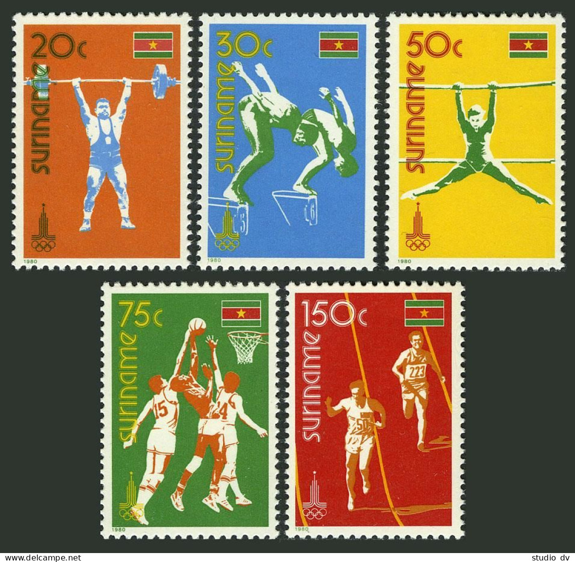 Surinam 552-556, 556a Sheet, MNH. Michel 905-909, Bl.25. Olympics Moscow-1980. - Suriname