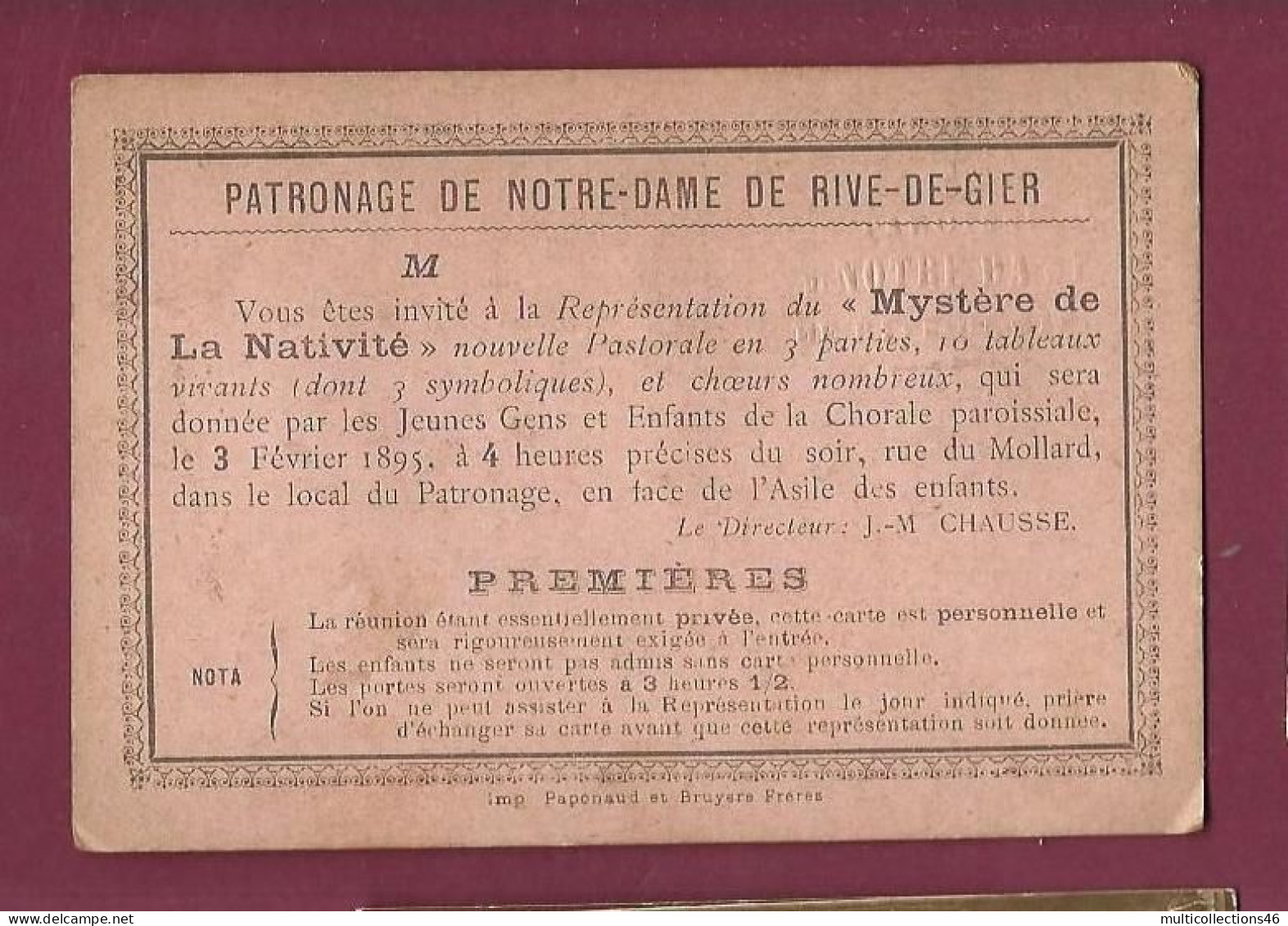 120524B - CARTE INVITATION 1895 - NOTRE DAME DE RIVE DE GIER - Nouvelle Pastorale Chorale Photos - Rive De Gier