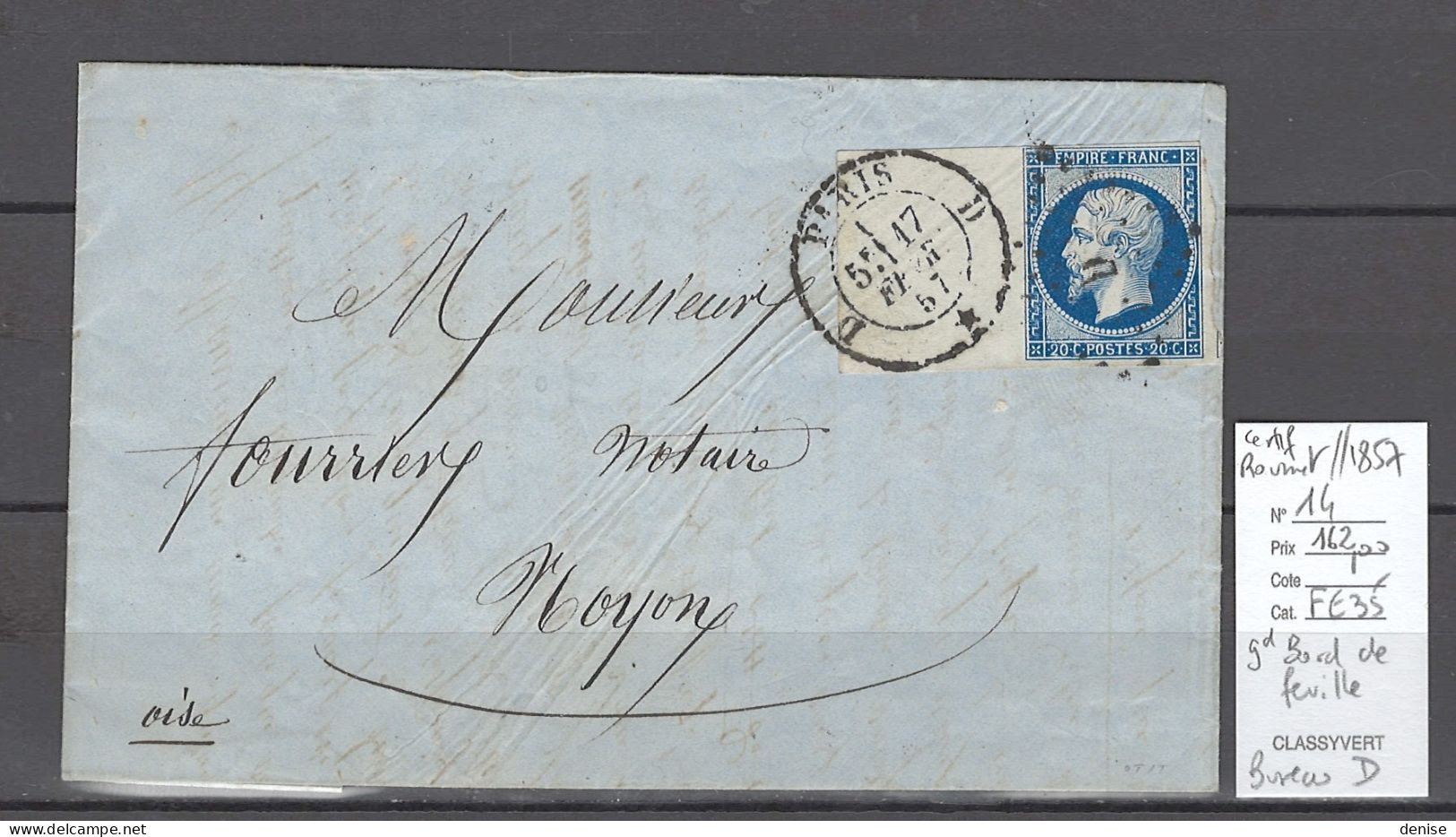 France - Lettre Bureau Paris D - GRAND BORD DE FEUILLE - Yvert 14- Certificat Roumet - 1849-1876: Classic Period