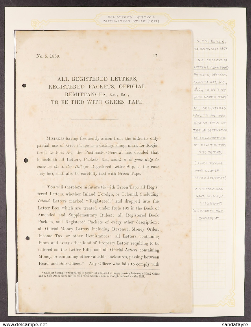 1859 POSTMASTERS NOTICE  FOR REGISTERED LETTERS Printed Circular From The General Post Office Dublin, Instructing That A - Sonstige & Ohne Zuordnung