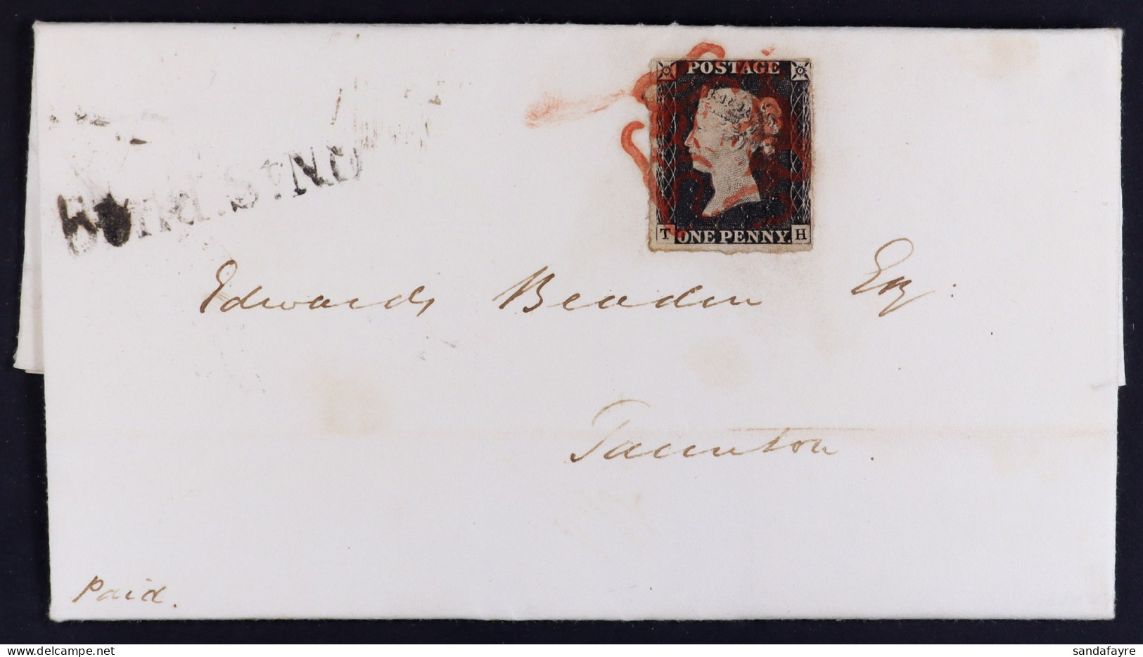 1840 (19 June) Entire Letter Bearing 1d Black Plate 1b 'TH' (4 Margins Roughly Cut) Tied By Red MC Cancel, Plus 'Bond St - Zonder Classificatie