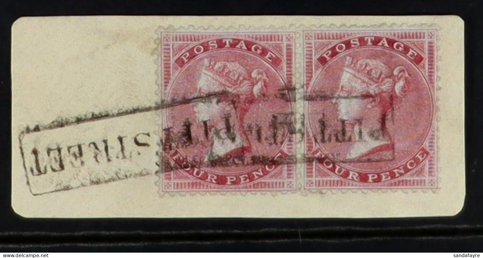 1855 4d Deep Bright Carmine, Wmk Small Garter On Deeply Blued Paper, SG 62, Used Pair Tied To Pice By Framed 'PITT STREE - Otros & Sin Clasificación