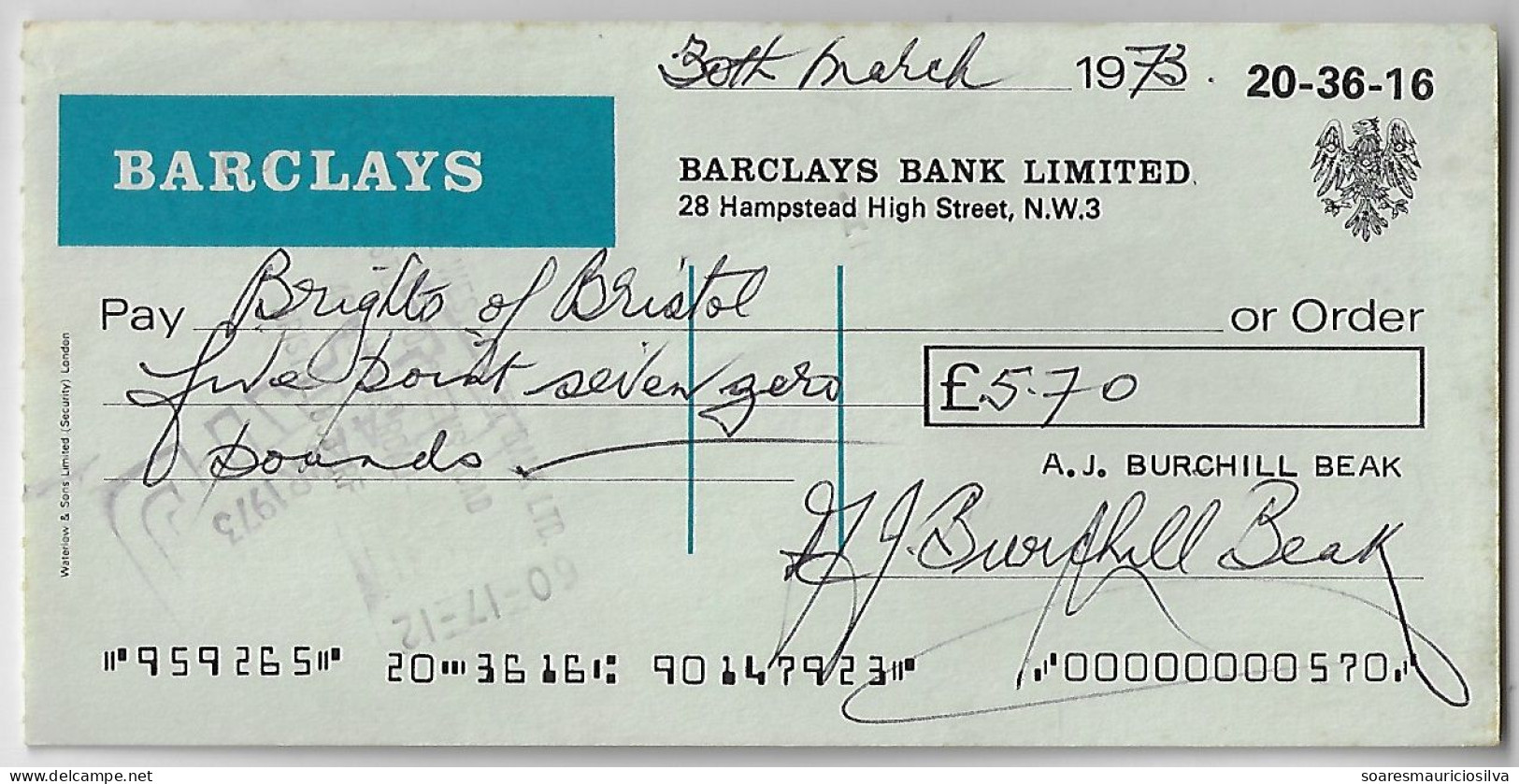 Great Britain 1973 Check Barclays Bank Limited Value In Pound - Cheques & Traverler's Cheques