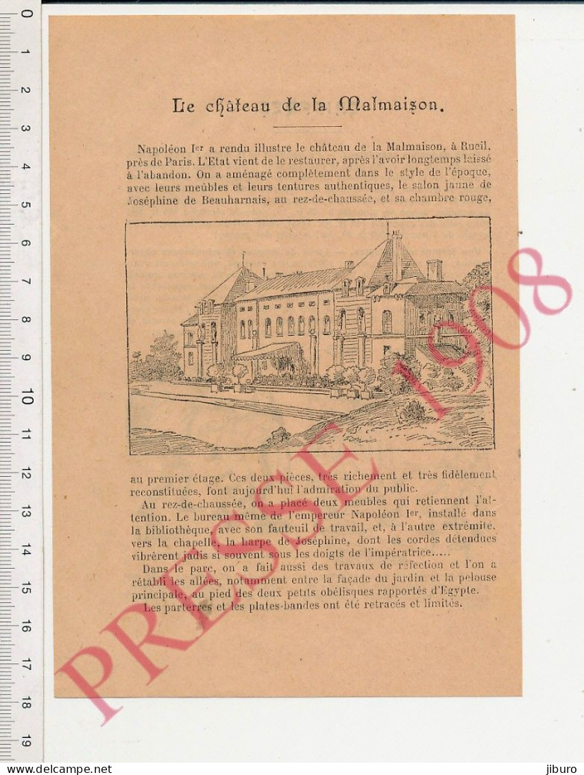 Gravure1908 Château De La Malmaison Rueil + Humour Bornage Terrain Frais De Justice + Une Fortune En épingles Epinglerie - Non Classés