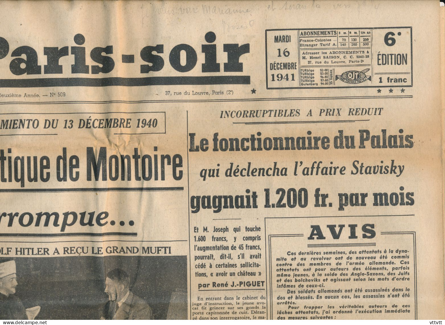 PARIS-SOIR Mardi 16 Décembre1941, N° 509, Montoire, Hitler, Stavisky, Singapour, Laval, Maréchal, Jérusalem, Grand Mufti - Allgemeine Literatur