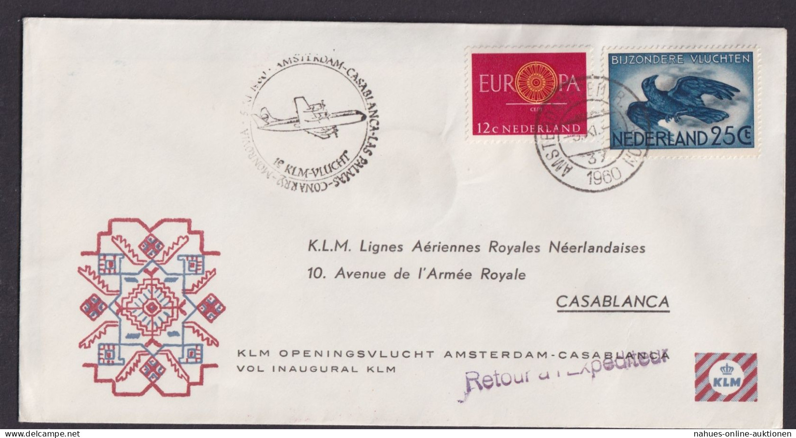 Flugpost Brief Air Mail Niederlande KLM Amsterdam Casablanka Marokko Retour - Airmail