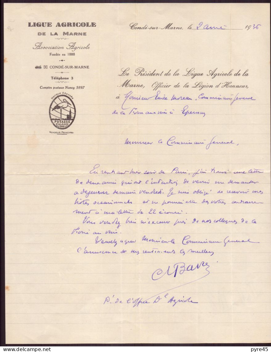 Lettre à En-tête " Ligue Agricole De La Marne " 1936 - Non Classés