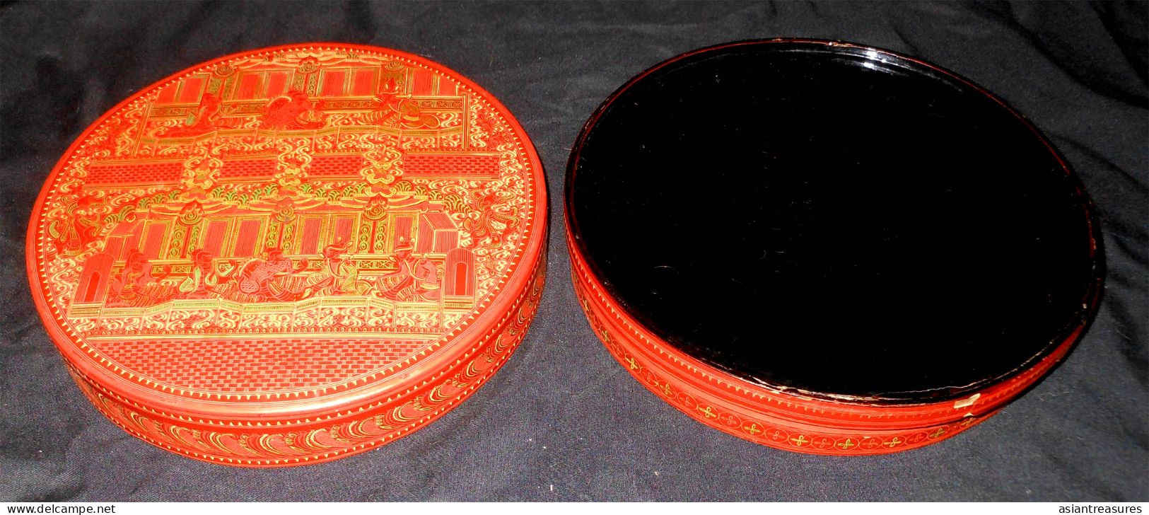 Older Burma  Regular 2-piece Hand-painted, Hand Etched Covered Fixed Section Box Intricate Work Ca 1920-50 - Arte Asiático