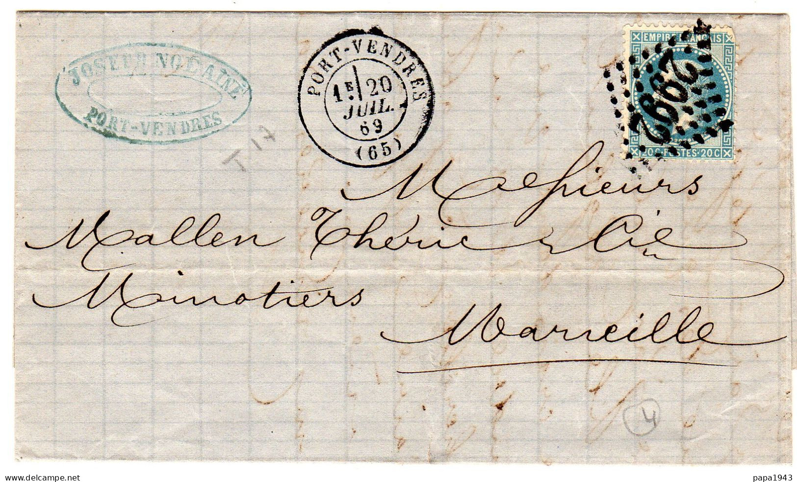 1869  CAD T 17 De PORT VENDRES  G C 2992 Repiquage " NOE AINZ "  Envoyée à, MARSEILLE - 1849-1876: Classic Period