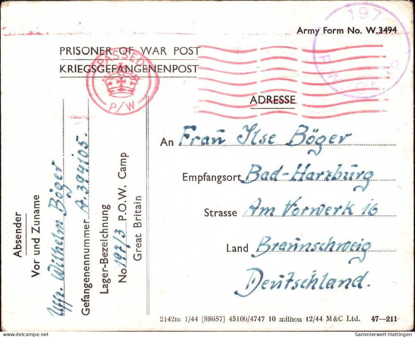 604251 | Kriegsgefangenenpost, Postcard From POW Camp 197 / 3, The Mount, Chepstow, Wales  | - Gebruikt