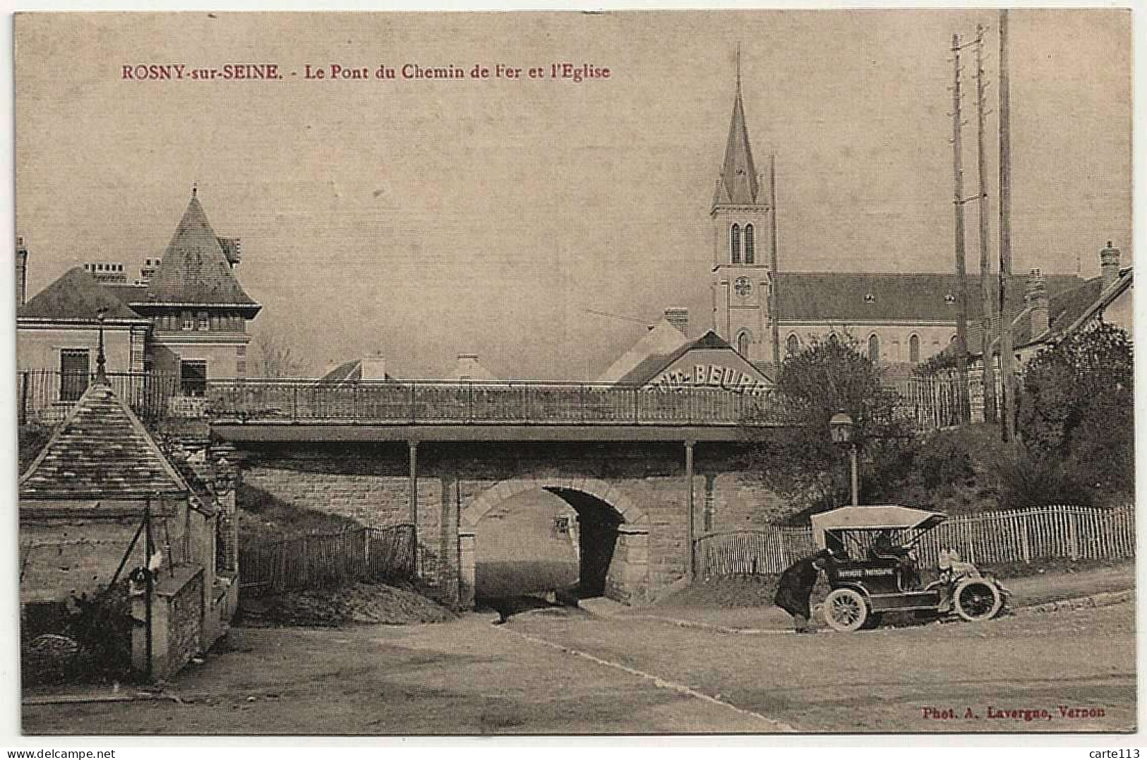 78 - B31040CPA - ROSNY SUR SEINE - Pont Du Chemin De Fer Et  Eglise, Voiture Du Photographe - Parfait état - YVELINES - Rosny Sur Seine