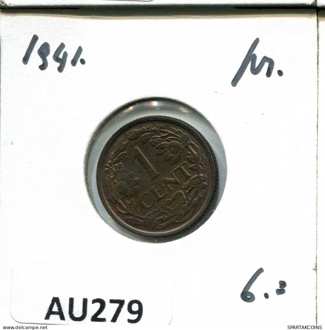 1 CENT 1941 NIEDERLANDE NETHERLANDS Münze #AU279.D.A - 1 Cent