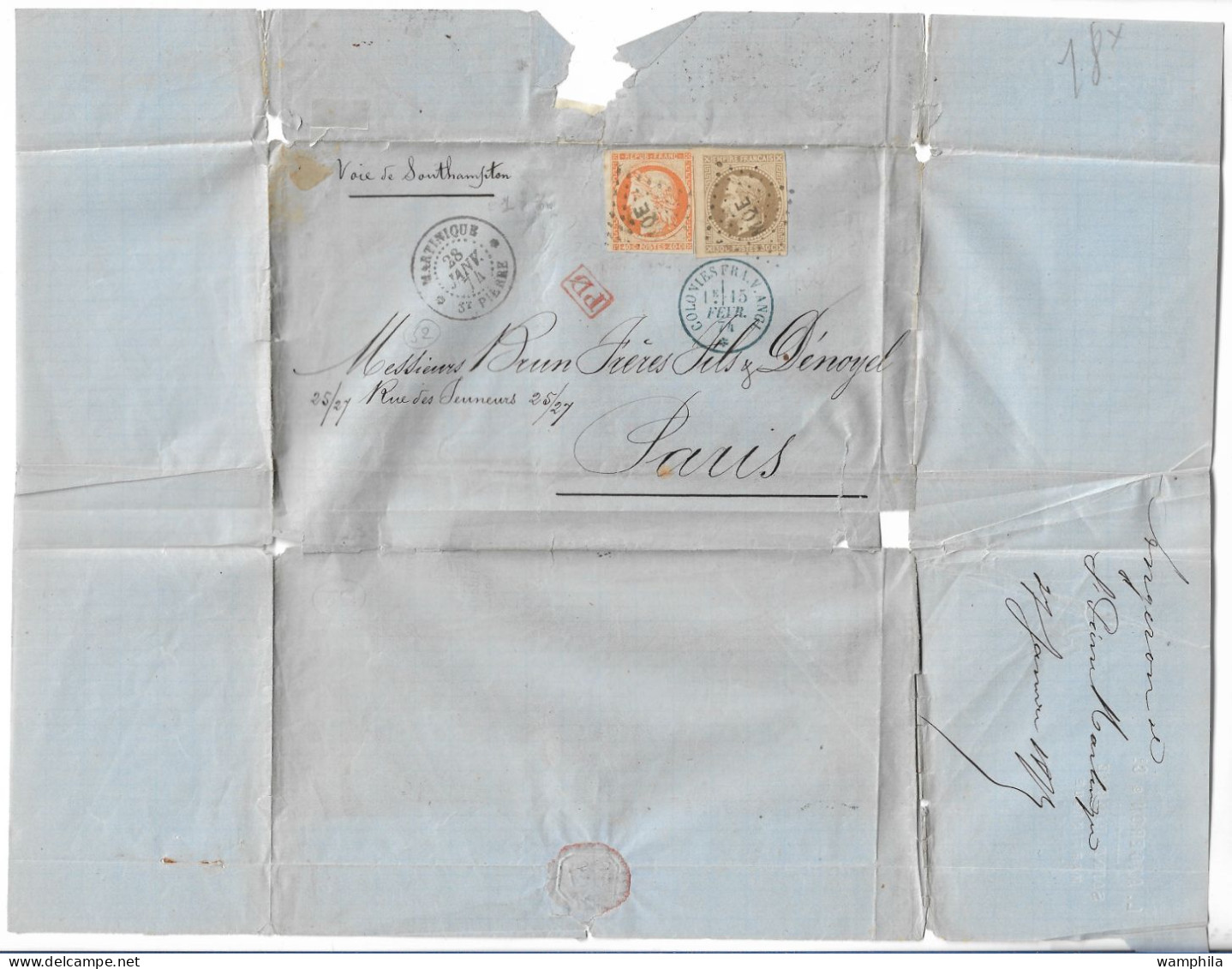 Martinique 1874 Lettre Entière Avec N°9 Et 13 Oblitéré De St Pierre. - Covers & Documents