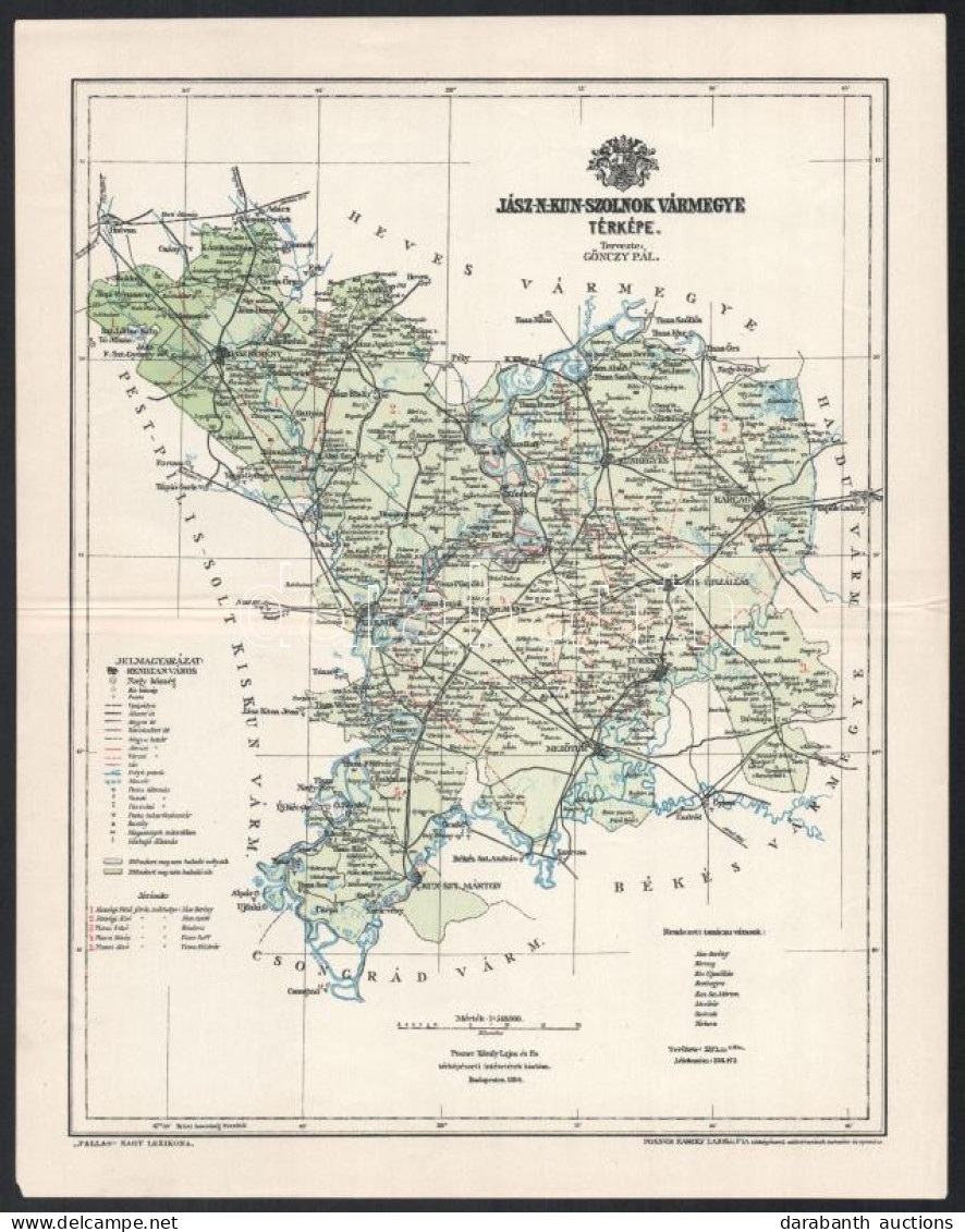 1894 Jász-Nagykun-Szolnok Vármegye Térképe, Tervezte: Gönczy Pál, 1 : 548.000, Bp., Posner Károly Lajos és Fia, A Pallas - Other & Unclassified