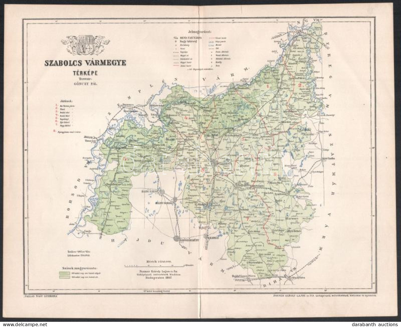 1897 Szabolcs Vármegye Térképe, Tervezte: Gönczy Pál, 1 : 540.000, Bp., Posner Károly Lajos és Fia, A Pallas Nagy Lexiko - Autres & Non Classés