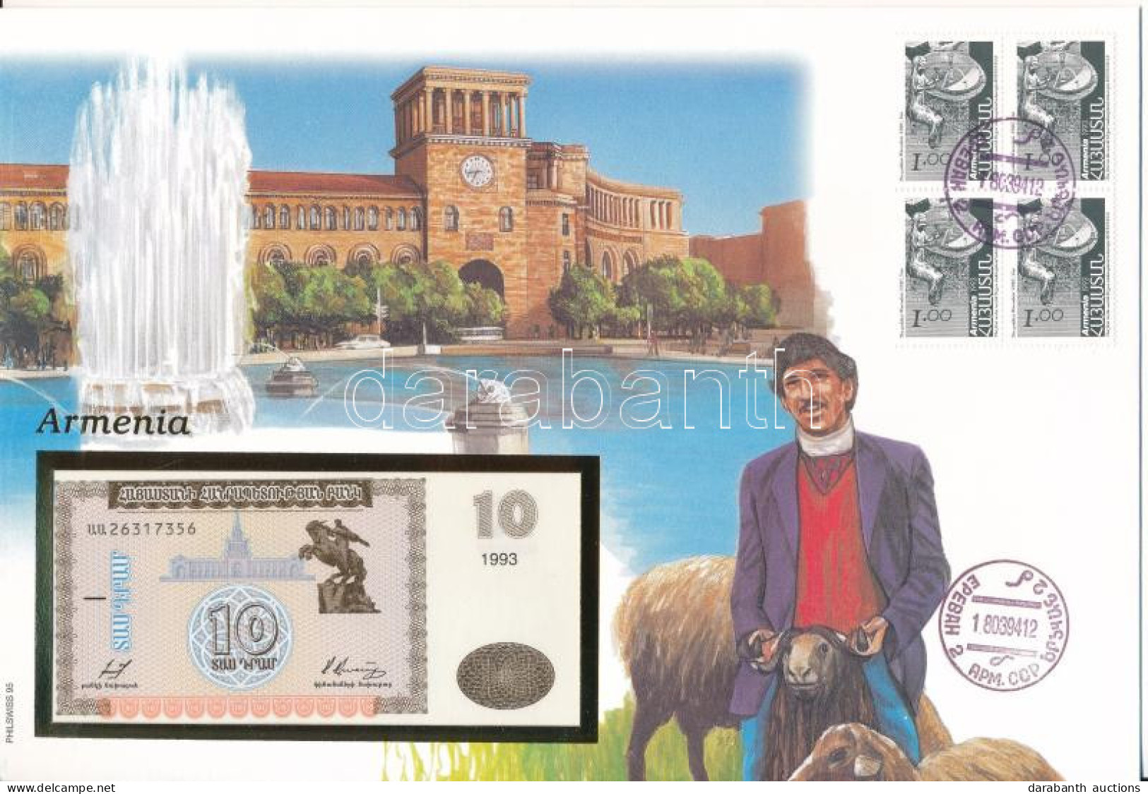 Örményország 1993. 10D Felbélyegzett Borítékban, Bélyegzéssel T:UNC Armenia 1993. 10 Dram In Envelope With Stamp And Can - Zonder Classificatie