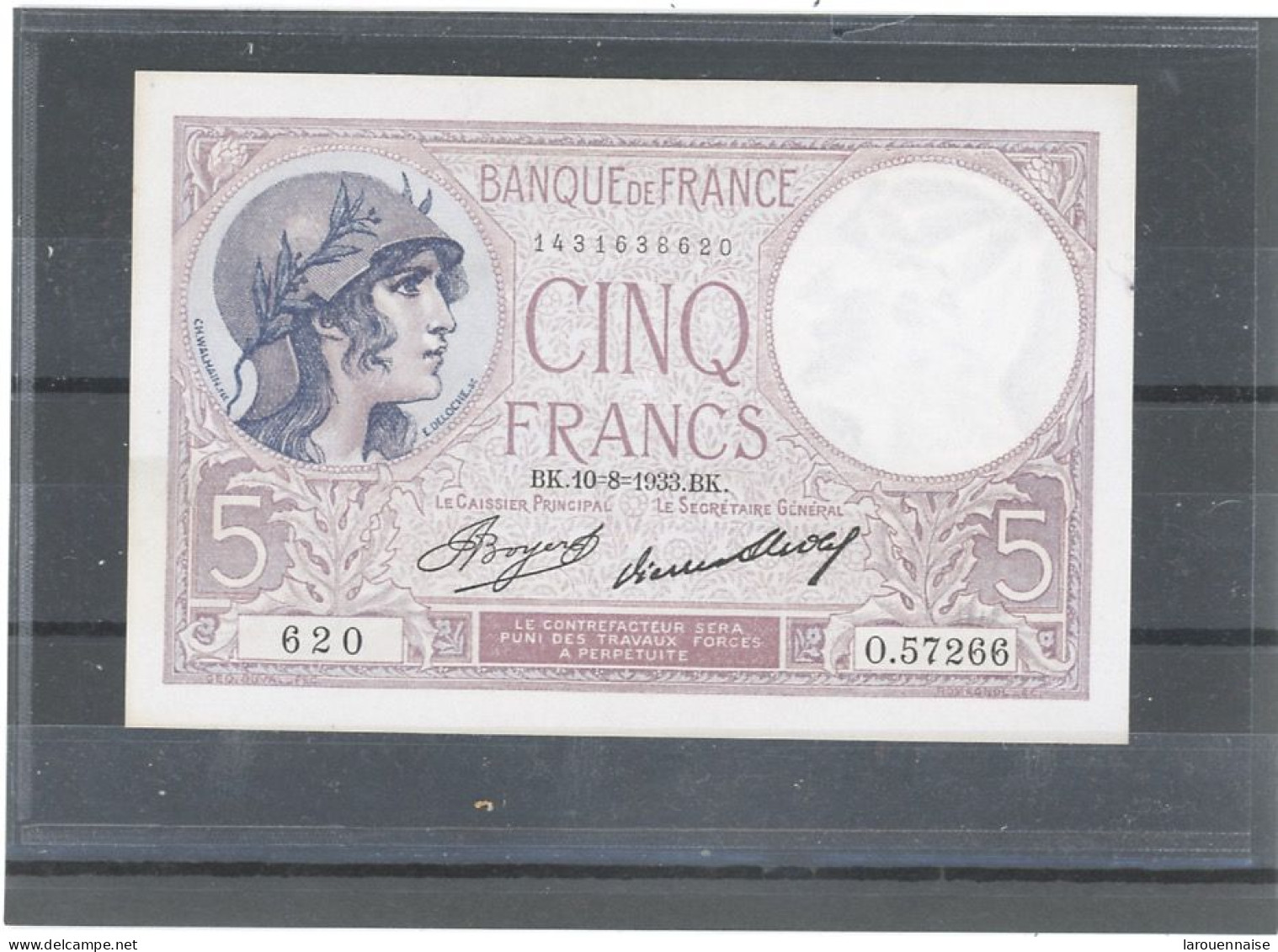 FRANCE -5F FEMME CASQUÉE  -10-8-1933- BK- SERIE 620- FAYETTE - F.03 /17- ETAT : SPL- SANS EPINGLAGE - 5 F 1917-1940 ''Violet''