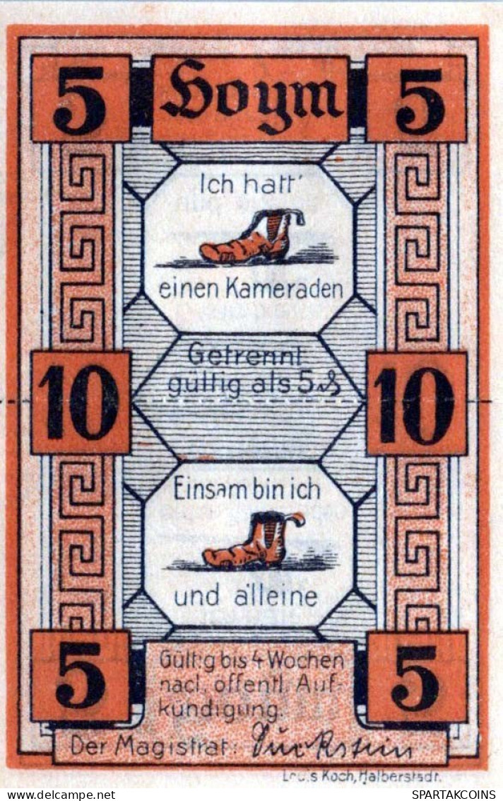 10 PFENNIG Stadt HOYM Anhalt UNC DEUTSCHLAND Notgeld Papiergeld Banknote #PH965 - Lokale Ausgaben