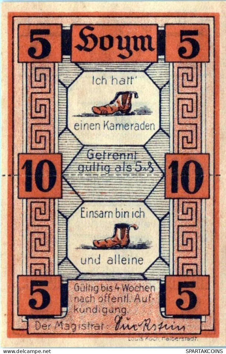 10 PFENNIG Stadt HOYM Anhalt DEUTSCHLAND Notgeld Papiergeld Banknote #PG031 - Lokale Ausgaben
