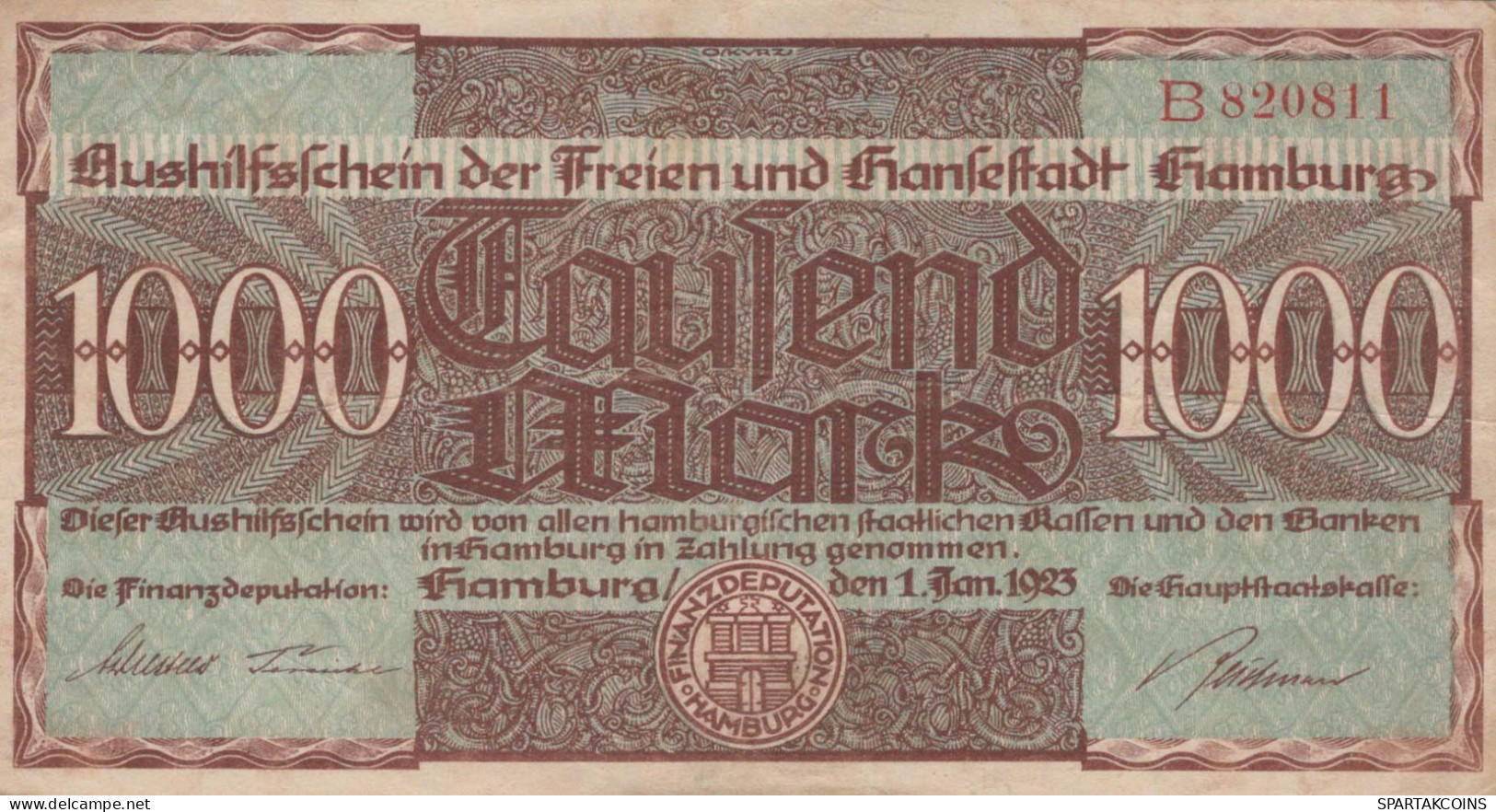 1000 MARK 1923 Stadt HAMBURG Hamburg DEUTSCHLAND Papiergeld Banknote #PL251 - [11] Emissions Locales