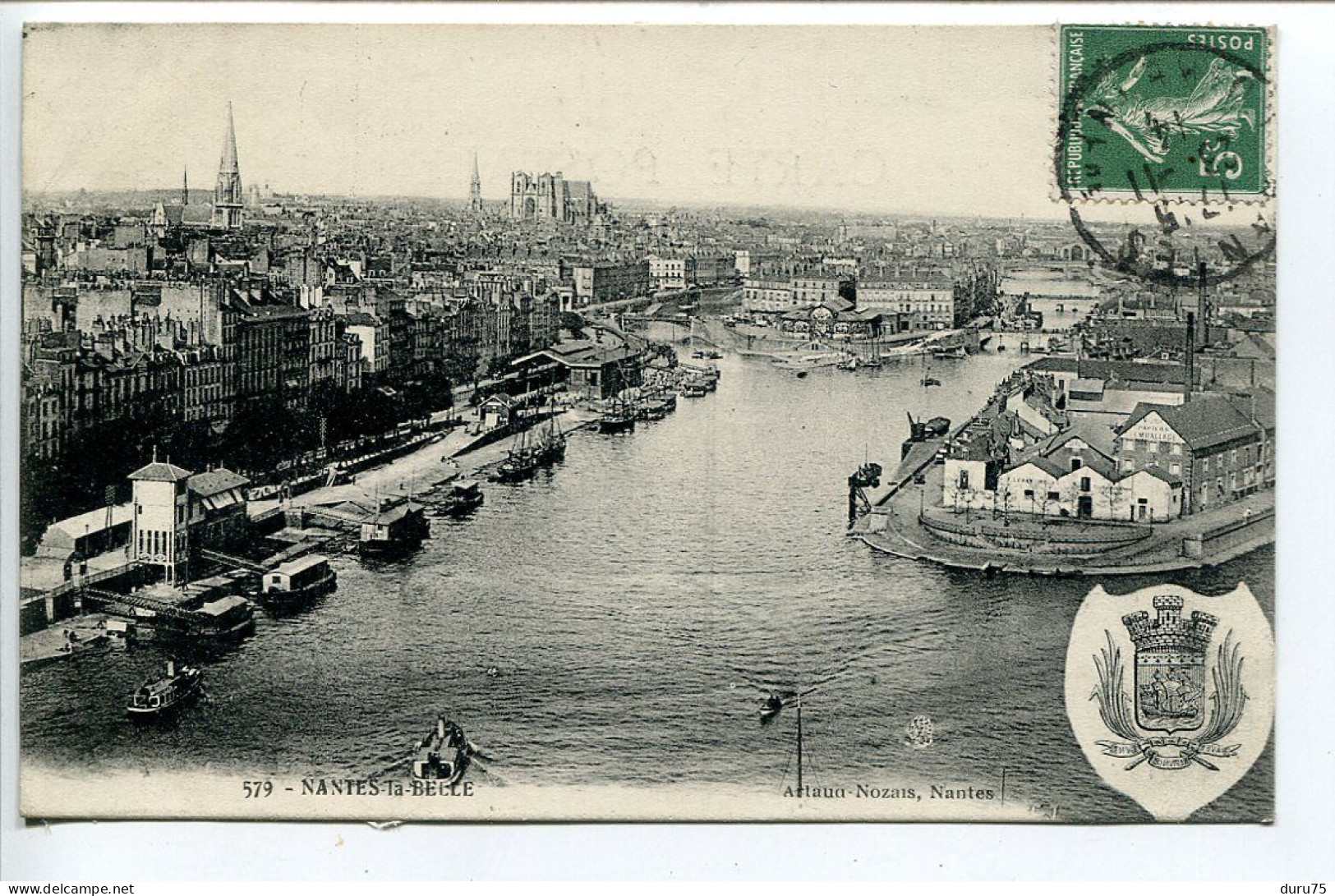 CPA Voyagé 1914 * NANTES La BELLE ( Quais +  Armoiries De La Ville ) Artaud Nozais Editeur - Nantes