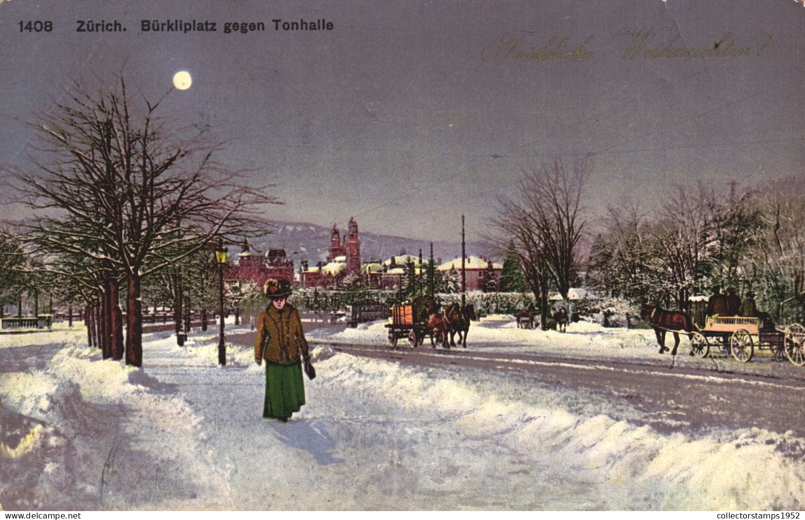 CHRISTMAS, HOLIDAY, CELEBRATION, ZURICH, ARCHITECTURE, CARRIAGE, HORSE, CART, WOMAN WITH HAT, SWITZERLAND, POSTCARD - Sonstige & Ohne Zuordnung