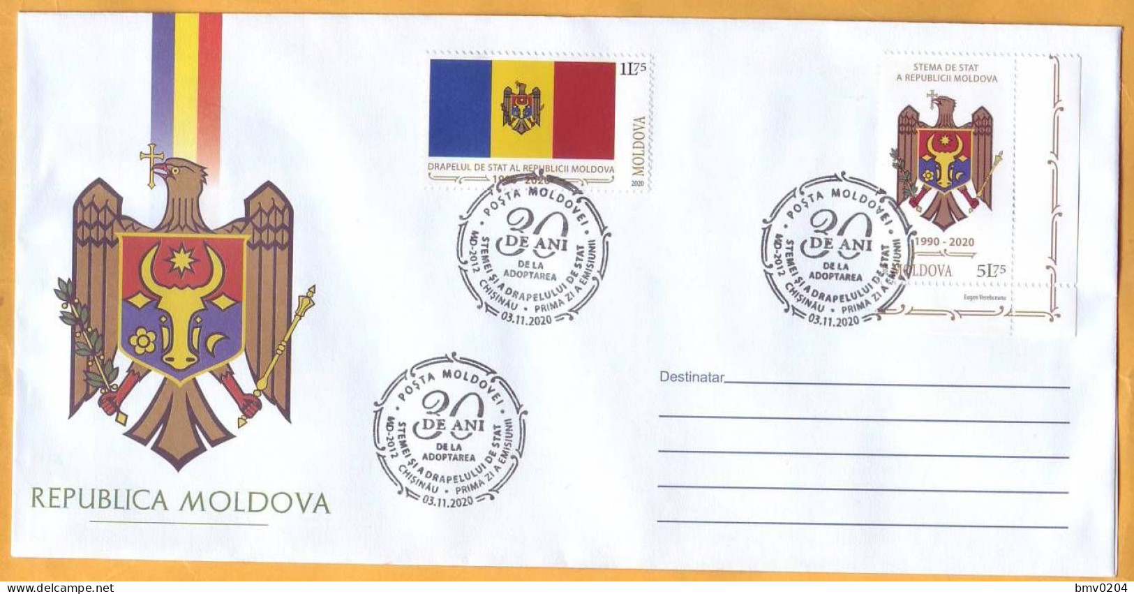 2020  Moldova Moldavie FDC 30 Years Since The Adoption Of Republic Of Moldova Coat Of Arms And National Flag - Covers