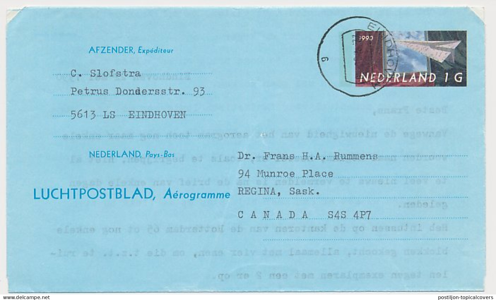 Luchtpostblad G. 30 Eindhoven - Regina Canada 1990 - Ganzsachen