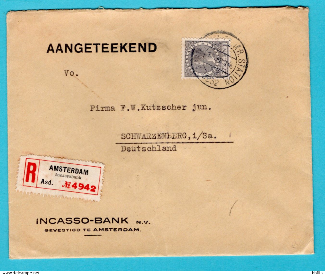 NEDERLAND Aangetekende Brief 1932 Amsterdam Incassobank Naar Schwarzenberg, Duitsland - Storia Postale