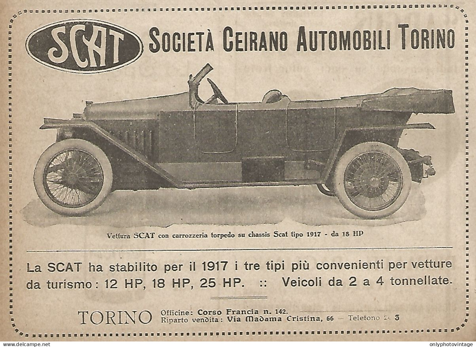 Vettura SCAT Torpedo - Ceirano - Pubblicità Del 1917 - Vintage Advertising - Pubblicitari