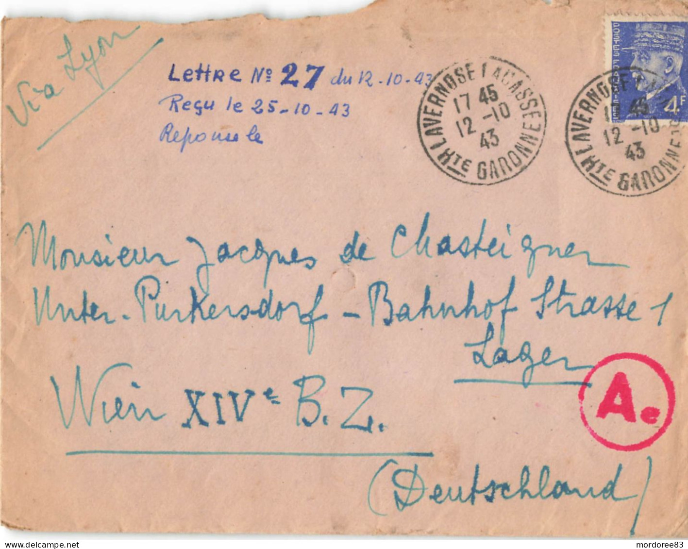 PETAIN 4F TYPO SUR LETTRE LAVERNOSE 12/10/1943 POUR STO LAGER PURKERSDORF WIEN CENSURE - Oorlog 1939-45