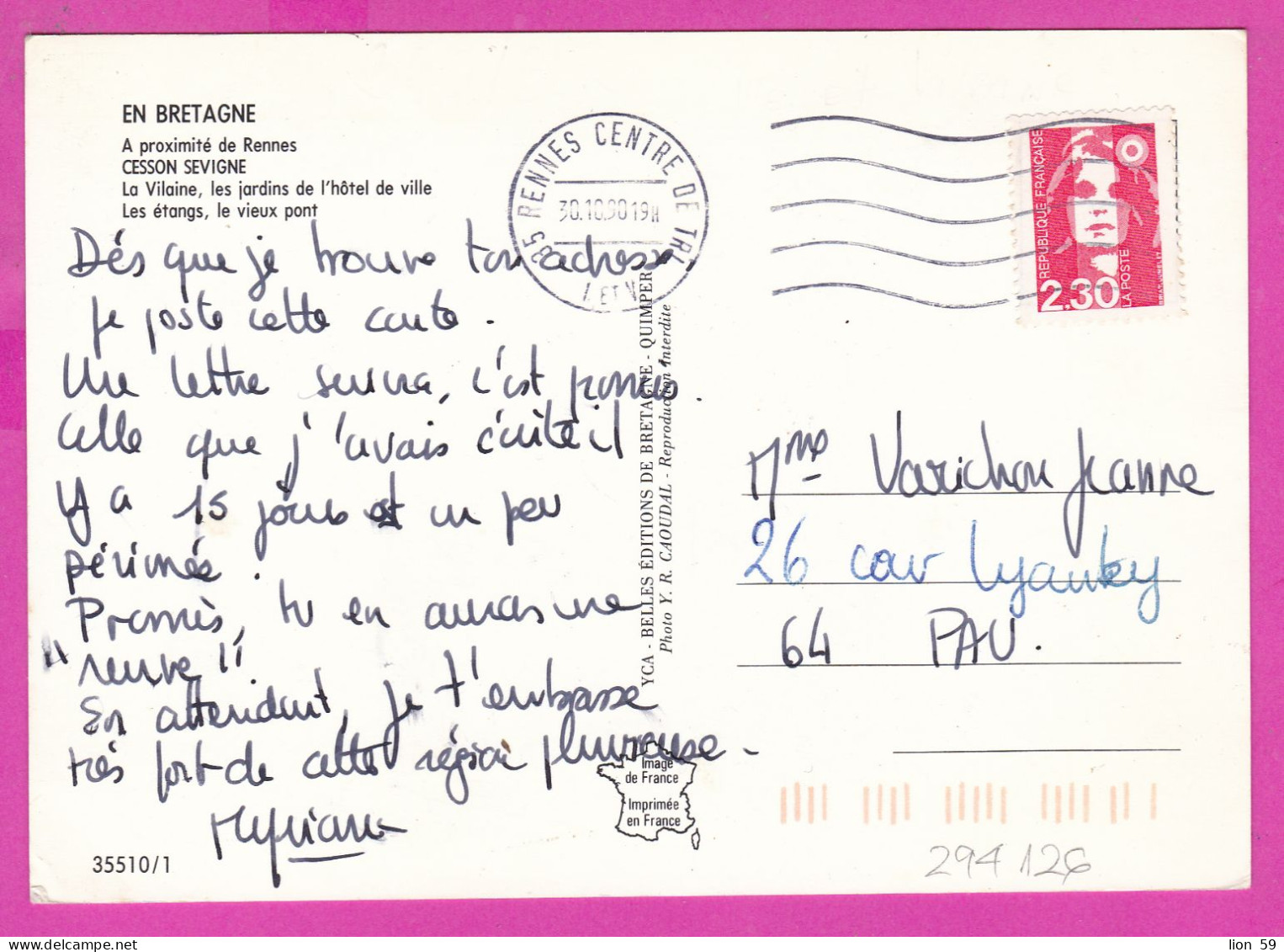 294126 / France - En Bretagne CESSON SEVIGNE 4 View A Proximite De Rennes PC 1990 USED 2.30 Fr. Marianne De Briat - Covers & Documents