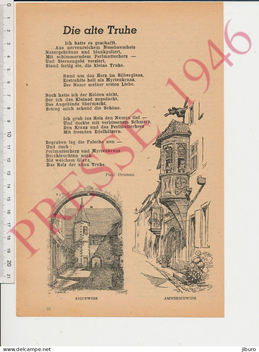 2 Vues Gravure Presse 1946 Format 24 X 16 Cm Dessin De Klippstiehl Riquewihr Ammerschwihr Kayserberg Alsace Architecture - Zonder Classificatie