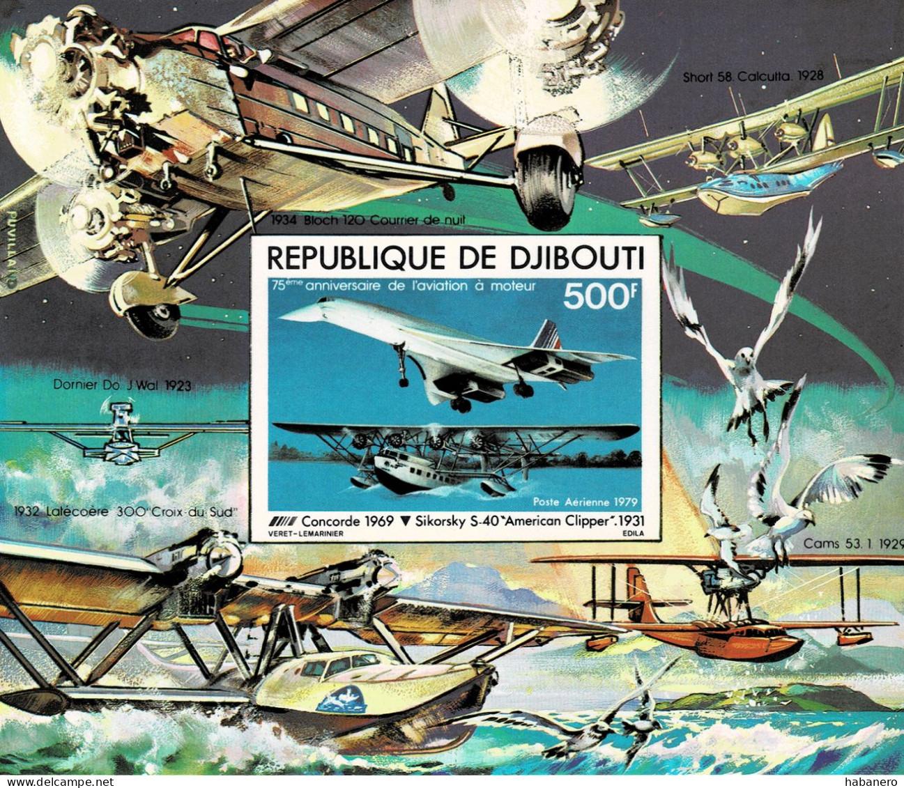 DJIBOUTI 1979 Mi BL 8B 75th ANNIVERSARY OF AIRPLANES MINT IMPERFORATED MINIATURE SHEET ** - Flugzeuge