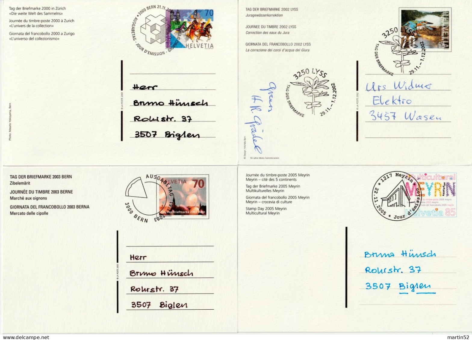 Schweiz Suisse 2000/2005: 4 Bild-PK 4 CPI Entier 4 PPC Stationeries TAG DER BRIEFMARKE - JOURNÉE DU TIMBRE Mit ET-⊙ - Journée Du Timbre