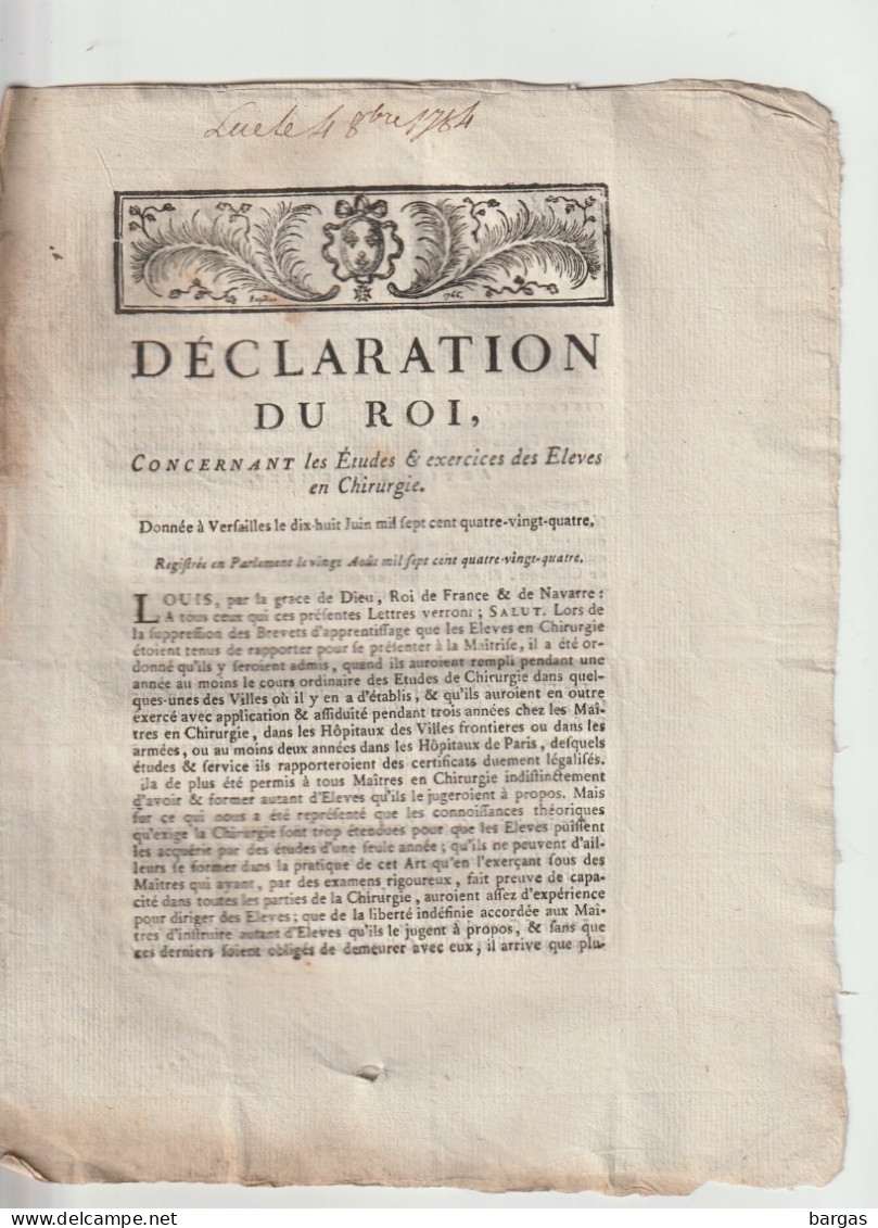 Déclaration Du Roi : Etudes Et Exercices Des élèves En Chirurgie - éducation Université Médecine - Decretos & Leyes