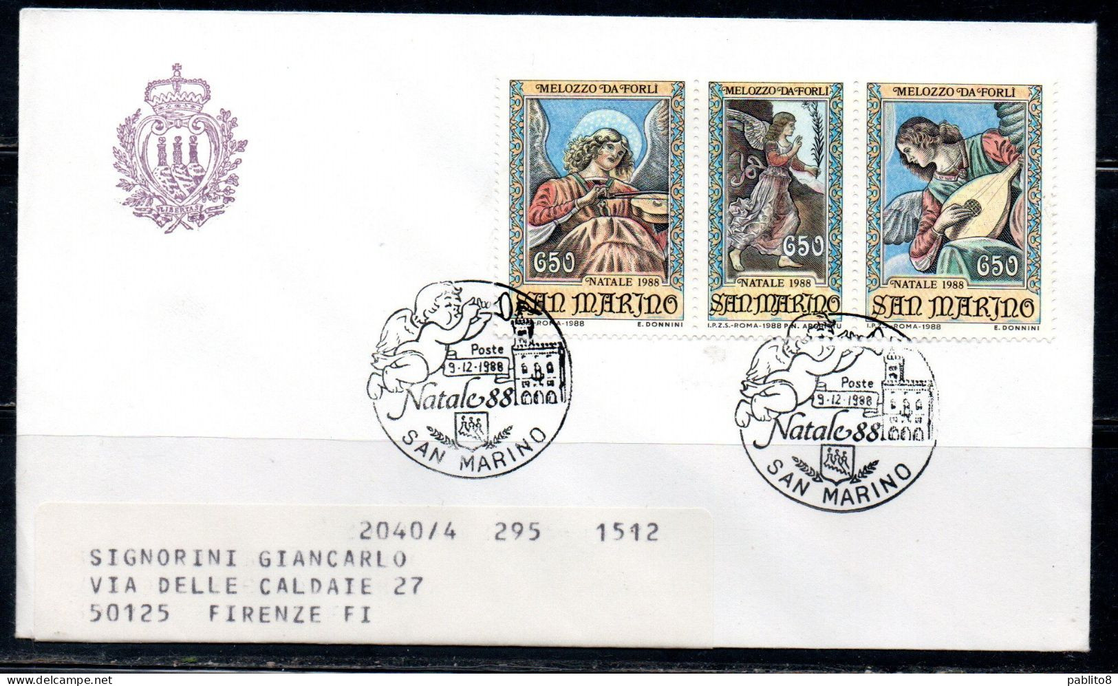 REPUBBLICA DI SAN MARINO 1988 NATALE CHRISTMAS NOEL WEIHNACHTEN NAVIDAD SERIE COMPLETA COMPLETE SET FDC VIAGGIATA - FDC