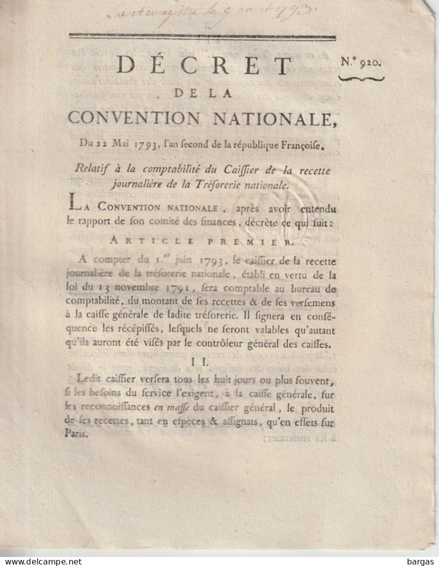 DECRET DE LA CONVENTION NATIONALE : Comptabilité Du Caissier De La Recette De La Trésorerie Nationale - Decretos & Leyes