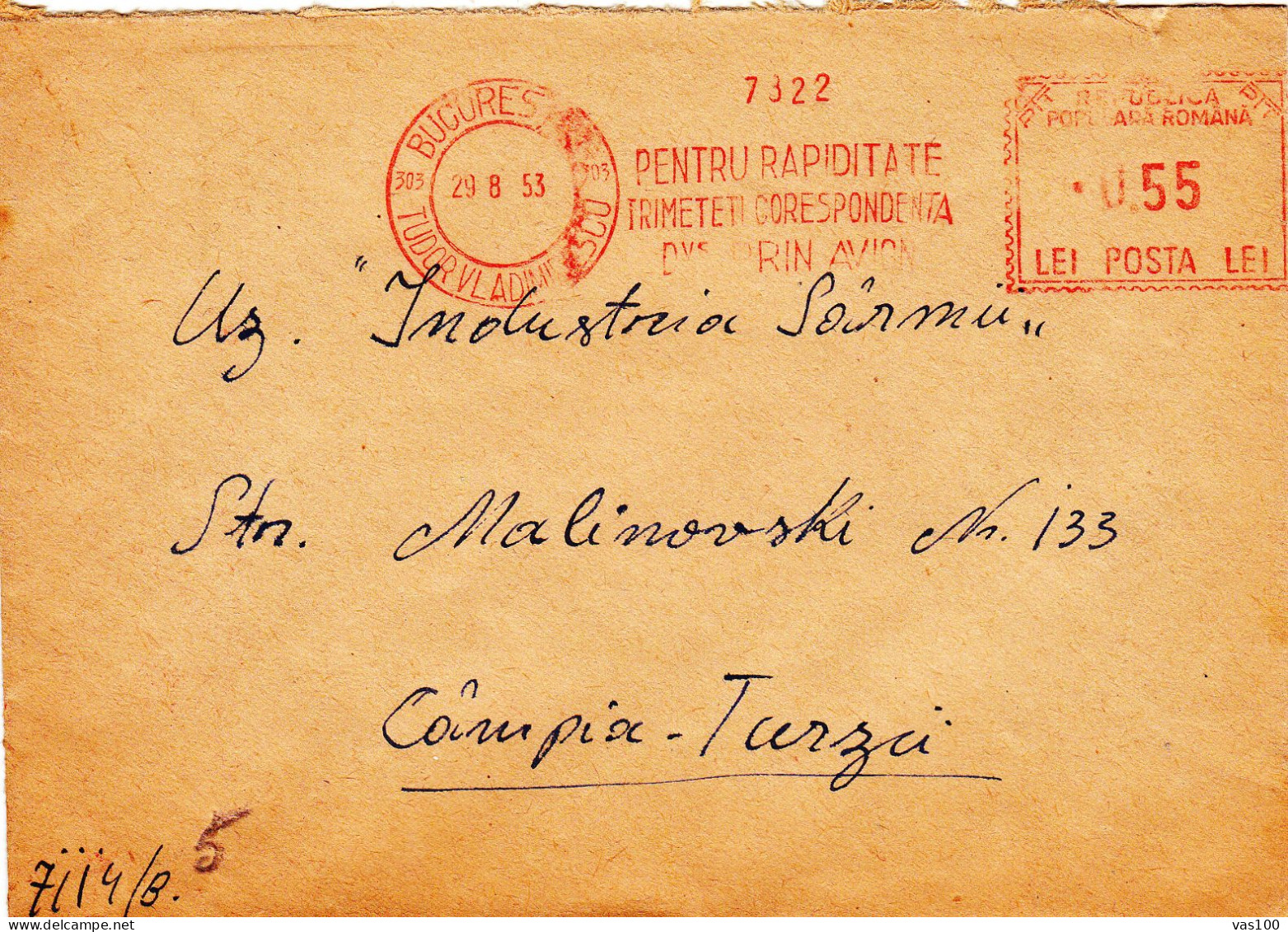 POSTAL HISTORY,1953 ENVELOPE CANCELLATION RED 0,55 LEI TUDOR VLADIMINESCU - Covers & Documents