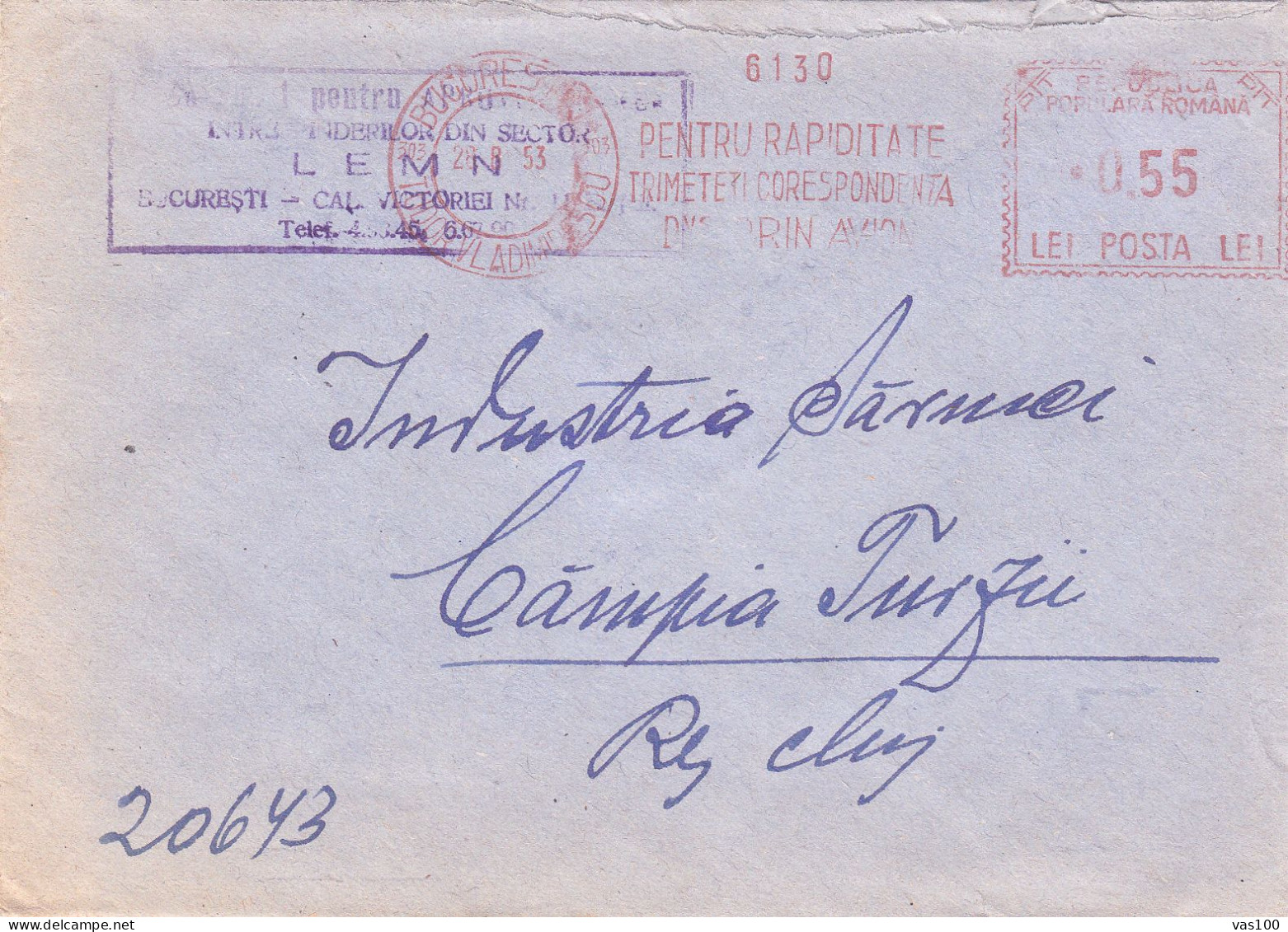 POSTAL HISTORY,1953 ENVELOPE CANCELLATION TUDOR VLADIMINESCU DISTRICT,BUCURESTI,CANCELLATION RED 0,55 LEI T.VLADIMINESCU - Lettres & Documents