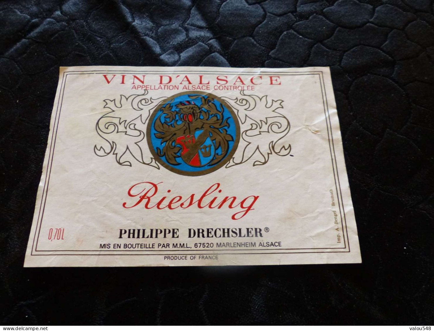 E-83 , Etiquette, Vin D'Alsace, Riesling Philippe Drechsler, Marlenheim - Riesling