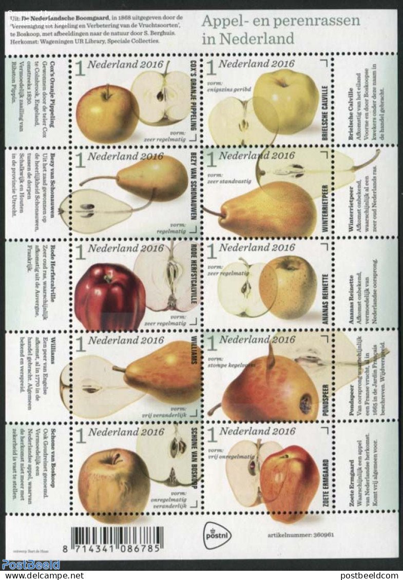 Netherlands 2016 Apples & Pears 10v M/s, Mint NH, Nature - Fruit - Nuovi