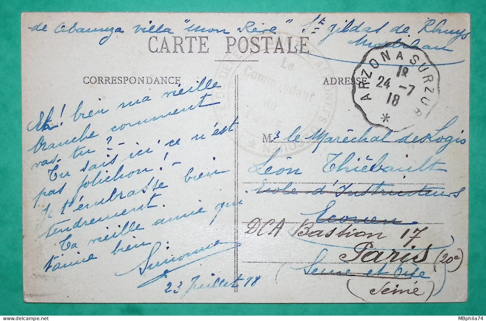 N°130 SEMEUSE CACHET MILITAIRE POSTE DE DEFENSE CONTRE AERONEFS D'ECOUEN CARTE POSTALE SAINT GILDAS MORBIHAN 1918 WW1 - WW I