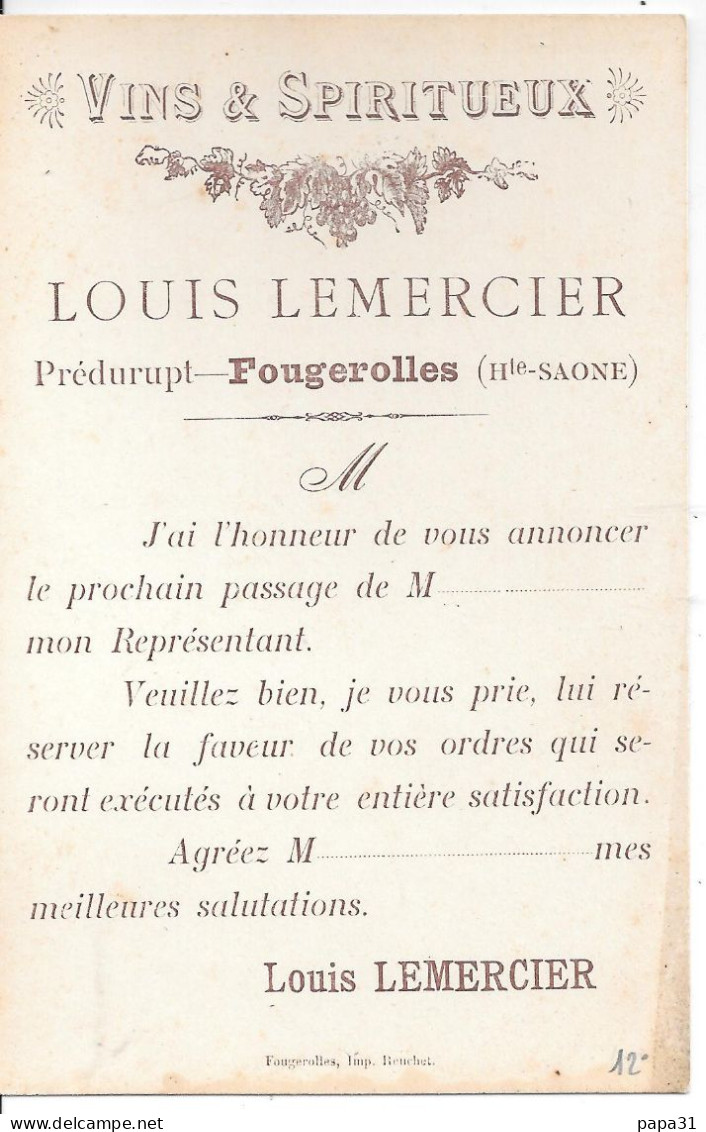 FOUGEROLLES - VINS & SPIRITUEUX  - LOUIS LEMERCIER - Other & Unclassified