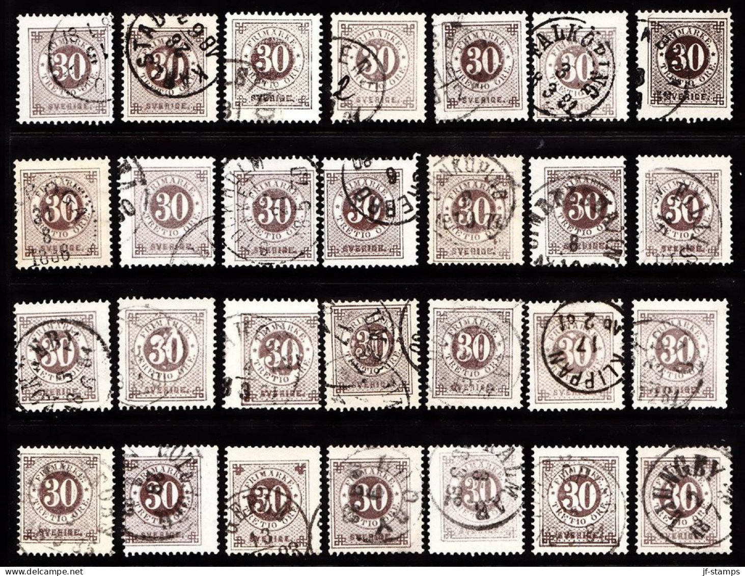 1877. Circle Type. Perf. 13. 30 øre Brown. 28 Stamps With Different Shades Etc. (Michel 24B) - JF103237 - Gebraucht