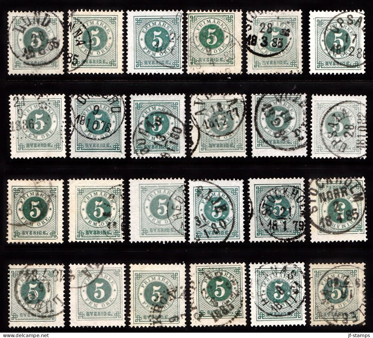 1877. Circle Type. Perf. 13. 5 øre Dark Green. 24 Stamps With Different Shades Etc. (Michel 19B) - JF103249 - Oblitérés