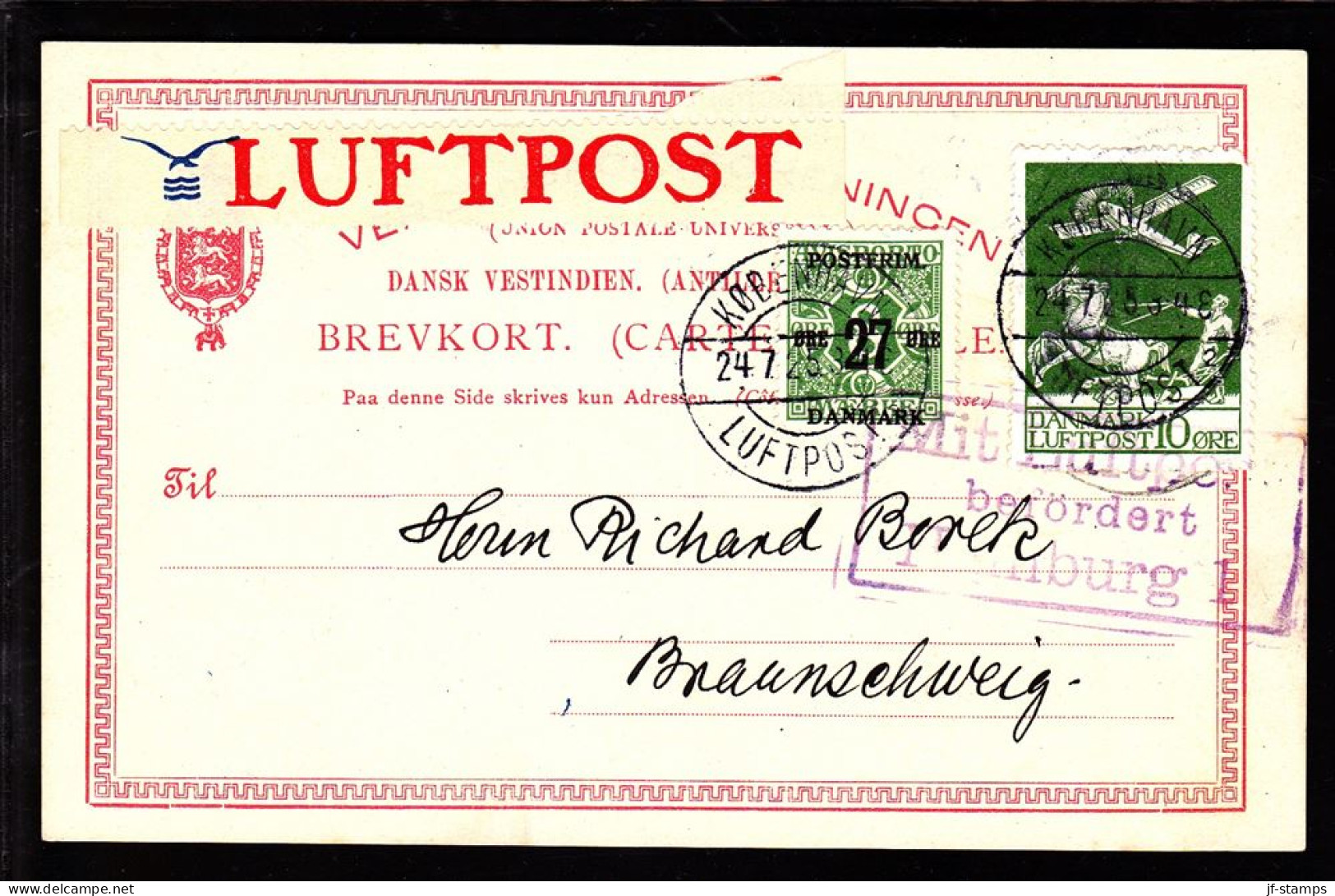 1925. Air Mail. 10 øre Green And 27/8 øre On DWI-BREVKORT To Braunschweig From KØBENHAVN LUFT... (Michel 143) - JF103821 - Poste Aérienne