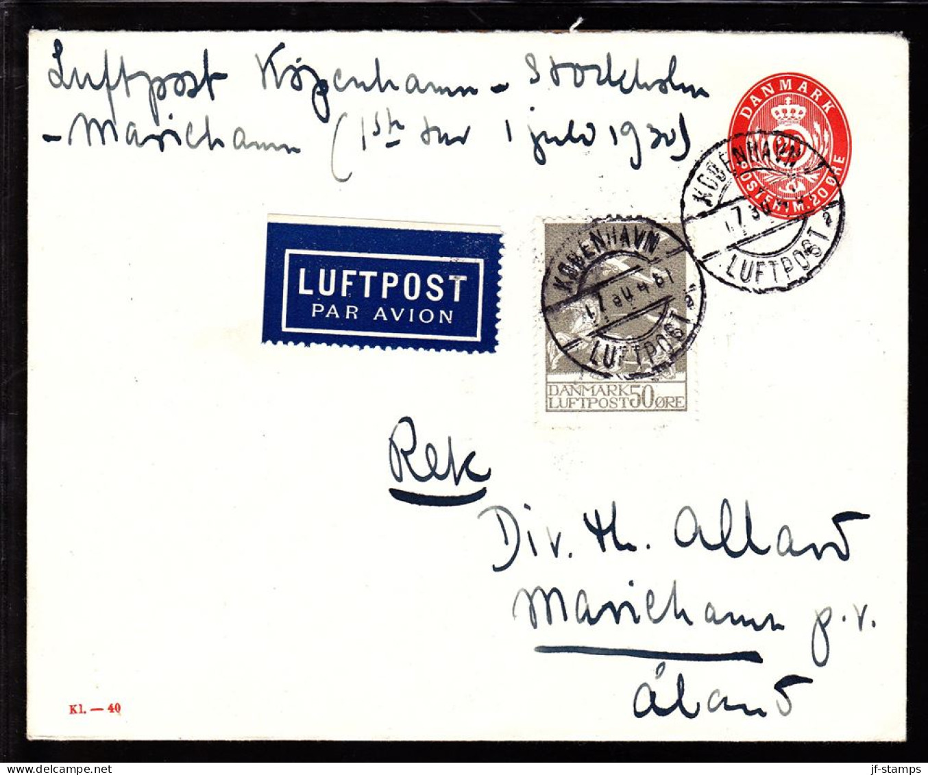 1930. Air Mail. 50 øre Grey On 20 øre Envelope. KØBENHAVN 1.7.30 MARIEHAMN 2.VII.30. Åland. S... (Michel 180) - JF103866 - Airmail