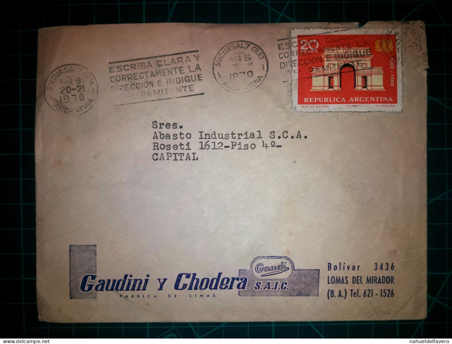 ARGENTINE, Enveloppe Appartenant à "Gaudini Y Chodera S.A.IC." Circuler Avec Une Banderole Parlante "Ecrivez L'adresse C - Used Stamps